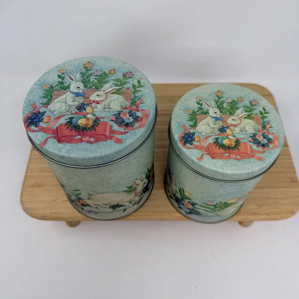 Vintage Easter Bunny Rabbit Nesting Tins Set of 2 Spring Floral Cottagecore
